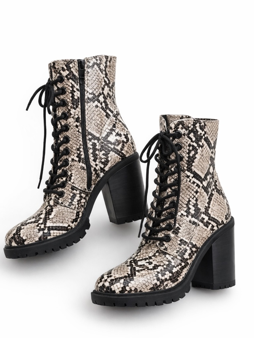Snake Print Lace-Up Block Heel Ankle Boots - Black/Beige